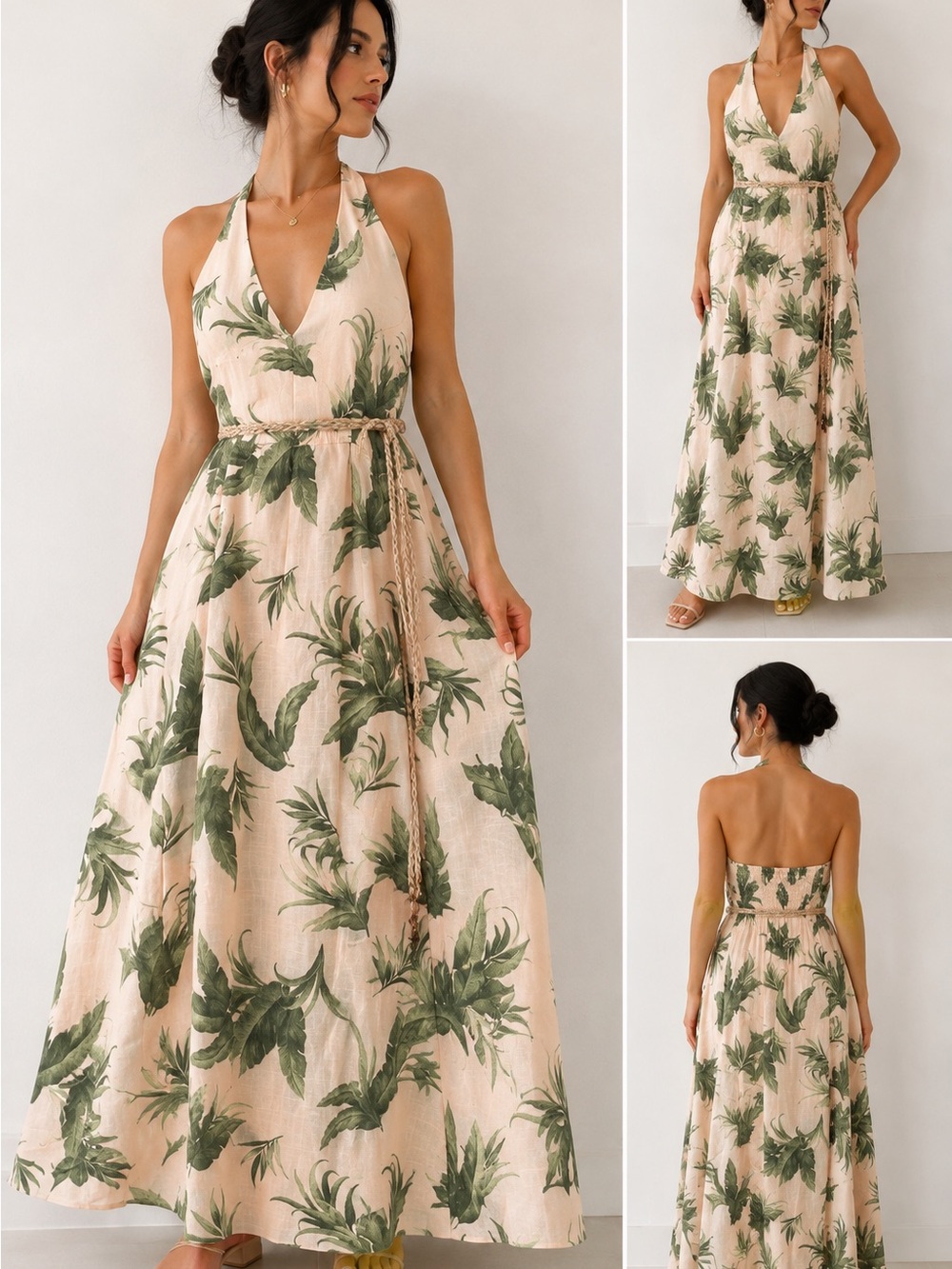Parker Tropical Linen Blend Halter Maxi Dress Size S